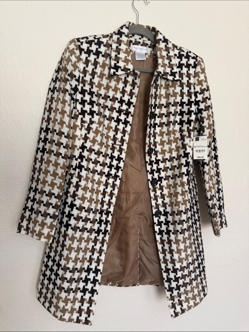 Worthington Houndstooth Pea Coat in Brown, Black & White